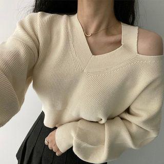 Cold-shoulder Cropped Sweater Almond - One Size
