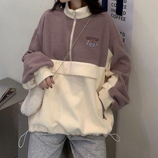 Long-sleeve Half-zip Color Block Embroidered Fleece Sweatshirt