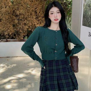 Embroidered Cropped Cardigan / Plaid Pleated Mini Skirt