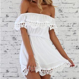Perforated Off Shoulder Short Sleeve Dress