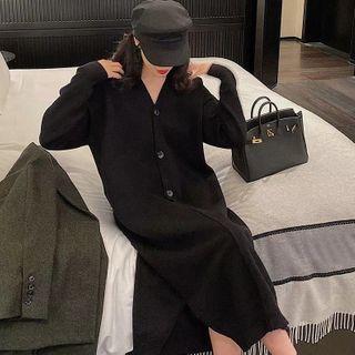 3/4-sleeve Half-buttoned V-neck Dress