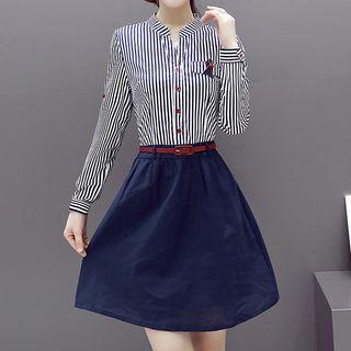 Long-sleeve Pinstriped Mock Two Piece Dress