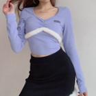 Long-sleeve Lettering Embroidered Fluffy Trim Crop Top