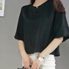 Bell-sleeve Round-neck Zip-back Blouse