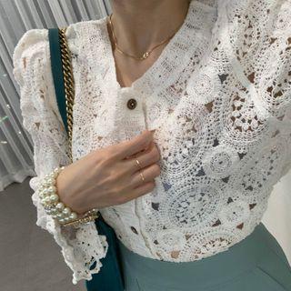 Puff-sleeve Crochet Plain Cardigan