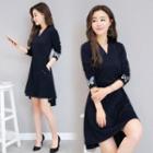 Gathered-waist Long-sleeved A-line V-neck Plain Slim Sheath Dress