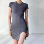 Short-sleeve Plain Slit Mini Bodycon Dress