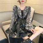Leopard Long-sleeve Blouse / Faux-leather Jumper Skirt