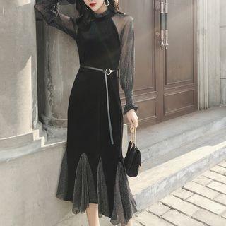 Mesh Sleeve A-line Godet Midi Velvet Dress