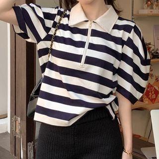 Puff-sleeve Striped Polo Shirt / High Waist Shorts