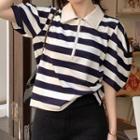 Puff-sleeve Striped Polo Shirt / High Waist Shorts
