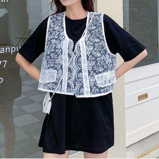 Set: Elbow-sleeve Mini T-shirt Dress + Lace Vest