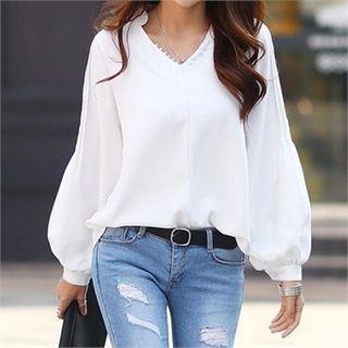 Button-trim Pintuck-detail Blouse Ivory - One Size