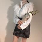 Lace Panel Ruffle Blouse/ Tweed Mini A-line Skirt