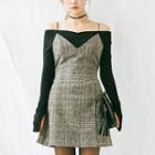 Spaghetti-strap Glen-plaid Wool Blend Mini Dress