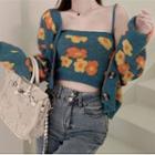 Flower Pattern Long-sleeve Cardigan / Cropped Camisole Top