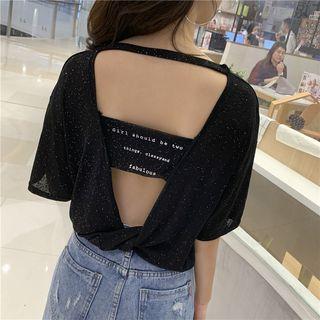 Elbow-sleeve Letter Cutout Open Back T-shirt