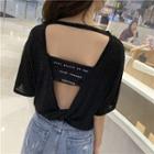 Elbow-sleeve Letter Cutout Open Back T-shirt