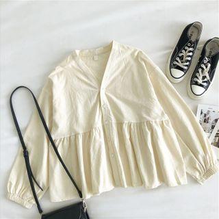 Plain V-neck Long-sleeve Blouse Almond - One Size