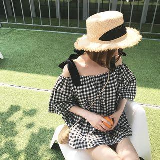 Gingham Off Shoulder 3/4 Sleeve Top