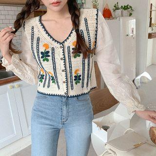 Flower Embroidery Crochet Blouse Beige - One Size