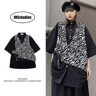Short-sleeve Mock Two-piece Printed Shirt