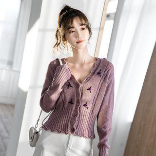 V-neck Embroider Ruffle Long-sleeve Cardigan