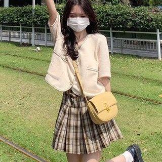 Short-sleeve Button-up Top / Plaid Mini Skirt