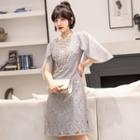 Mesh-sleeve A-line Lace Dress