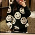 Smiley Face Print Oversize Sweater / Midi Knit Straight-fit Skirt