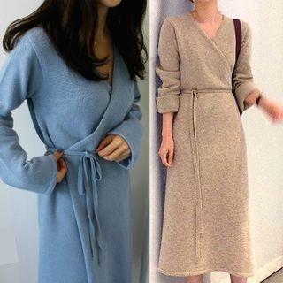 Long-sleeve Mini A-line Wrapped Knit Dress