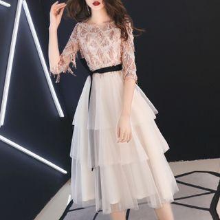 Elbow-sleeve Beaded Cocktail Dress / Sheath Dress / Long-sleeve Sheath Evening Gown