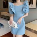Puff-sleeve Frill Trim Denim Dress