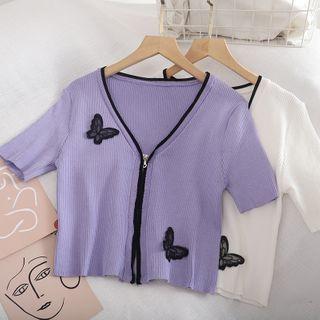 Short-sleeve Butterfly Applique Zip-up Knit Top