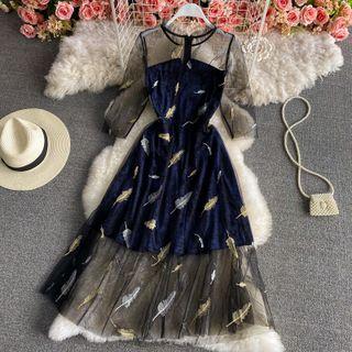 Feather Embroidered Mesh Panel Elbow Sleeve Dress