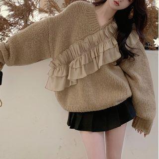 V-neck Frill Trim Sweater Camel - One Size