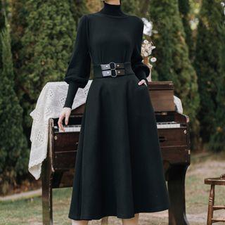 Set: Mock-turtleneck Puff-sleeve Blouse + Midi A-line Skirt