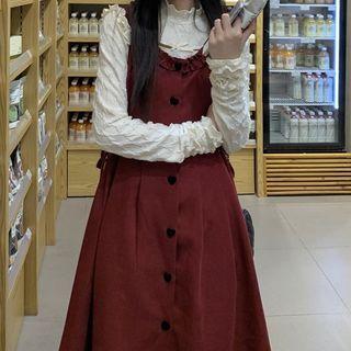 Button-up A-line Overall Dress / Semi High-neck Ruched Long-sleeve Top