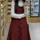 Button-up A-line Overall Dress / Semi High-neck Ruched Long-sleeve Top