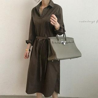 Open-placket Midi Shirtdress With Sash