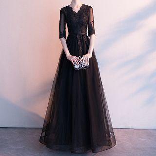 Elbow-sleeve Lace Trim A-line Evening Gown
