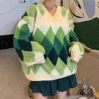Long-sleeve V-neck Plaid Knit Sweater