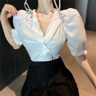 Bow-accent V-neck Puff-sleeve Blouse