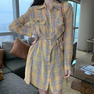 Rhinestone Pocket Tie-waist Plaid Shirtdress