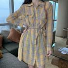 Rhinestone Pocket Tie-waist Plaid Shirtdress