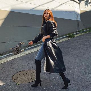 Flap Drawstring Maxi Pleather Coat Black - One Size