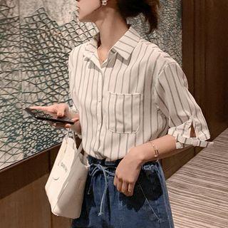 Striped Pocket Detail Elbow-sleeve Shirt