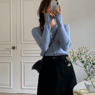 Open-placket Ribbed Cardigan Sky Blue - One Size