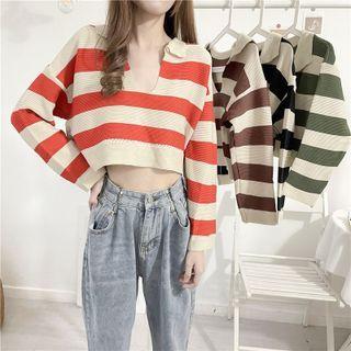 Long-sleeve V-neck Striped Knit Crop Top