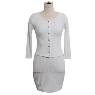Set: 3/4-sleeve Ribbed Cardigan + Sleeveless Dress